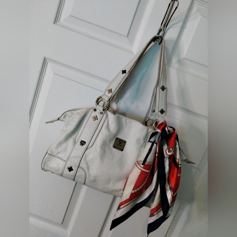MCM White Hobo Bag with Red and Blue Scarf